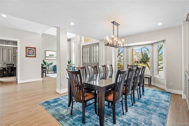 Chandelier, Dining room, Interior, Pendant Lights, Recessed Lighting, Wood Texture Flooring