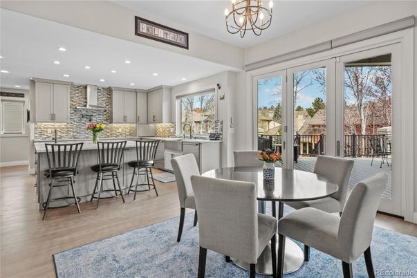 Chandelier, Dining room, Interior, Kitchen, Recessed Lighting, Wood Texture Flooring