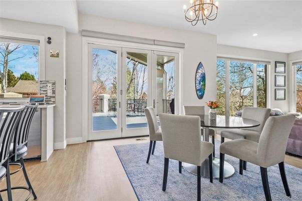Chandelier, Dining room, Interior, Recessed Lighting, Wood Texture Flooring