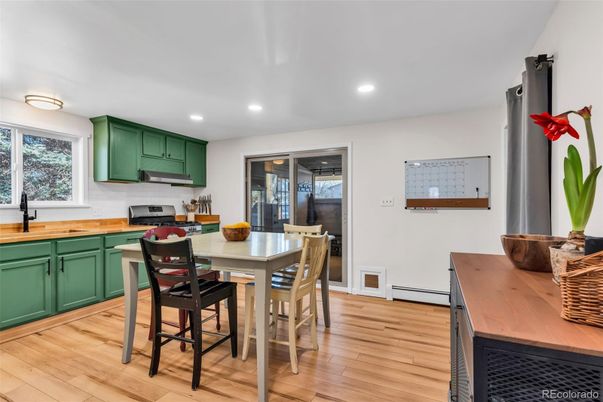 Dining room, Interior, Kitchen, Recessed Lighting, Wood Texture Flooring