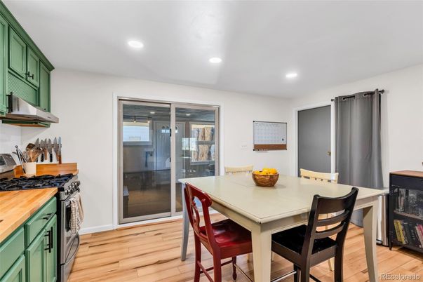 Dining room, Interior, Recessed Lighting, Wood Texture Flooring