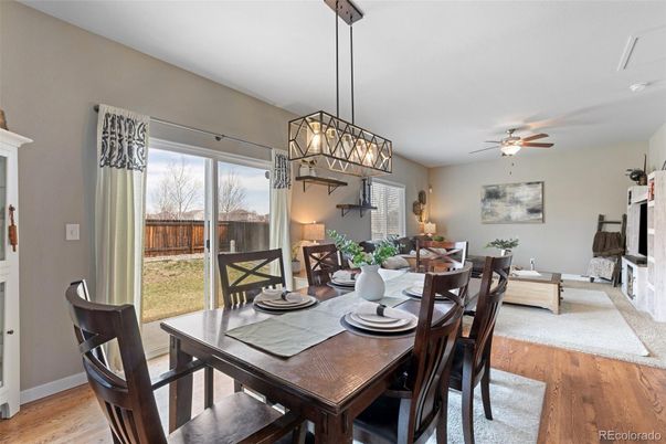Dining room, Interior, Pendant Lights, Wood Texture Flooring