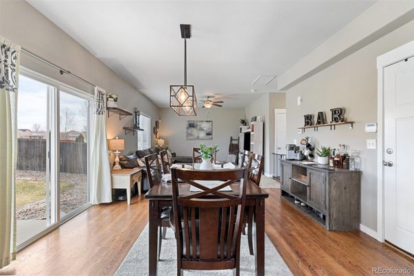 Dining room, Interior, Pendant Lights, Recessed Lighting, Wood Texture Flooring