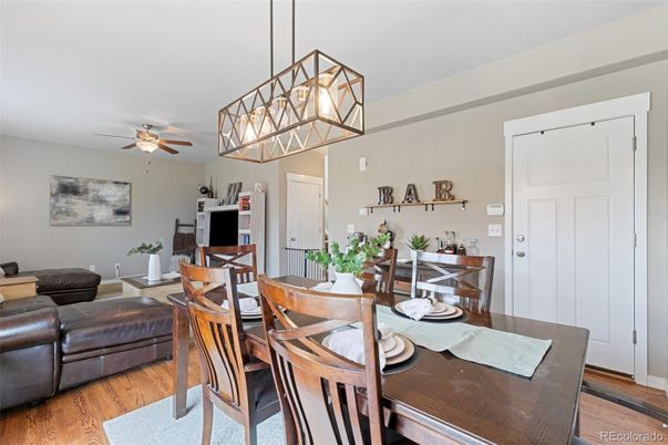 Dining room, Interior, Pendant Lights, Wood Texture Flooring