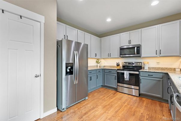 Interior, Kitchen, Recessed Lighting, Stainless Steel Appliances, Wood Texture Flooring