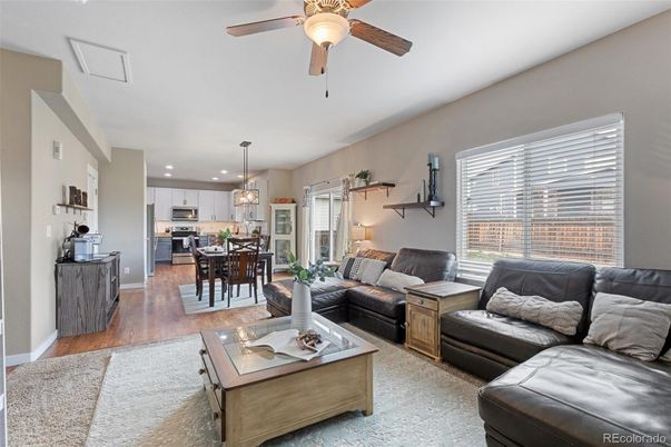 Dining room, Interior, Kitchen, Living room, Pendant Lights, Recessed Lighting, Stainless Steel Appliances, Wood Texture Flooring