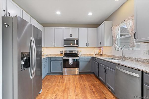 Interior, Kitchen, Recessed Lighting, Stainless Steel Appliances, Wood Texture Flooring