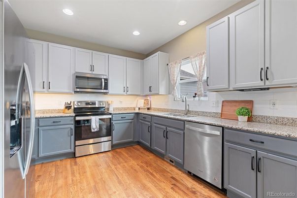 Interior, Kitchen, Recessed Lighting, Stainless Steel Appliances, Wood Texture Flooring