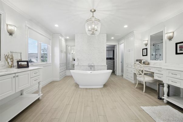 Bathroom, Chandelier, Dual Sink Vanities, Free Standing Baths, Interior, Recessed Lighting, Wood Texture Flooring