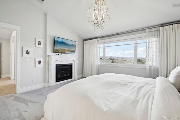 Bedroom, Chandelier, Fireplace, Interior, Wood Texture Flooring