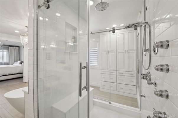 Bathroom, Bedroom, Glass Shower, Interior, Pendant Lights, Recessed Lighting, Wood Texture Flooring