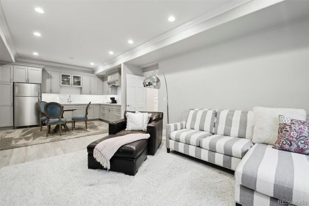 Interior, Kitchen, Living room, Recessed Lighting, Stainless Steel Appliances, Wood Texture Flooring