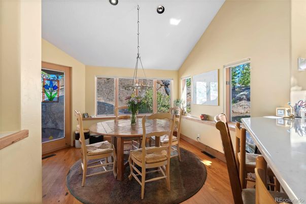 Dining room, Interior, Pendant Lights, Recessed Lighting, Wood Texture Flooring