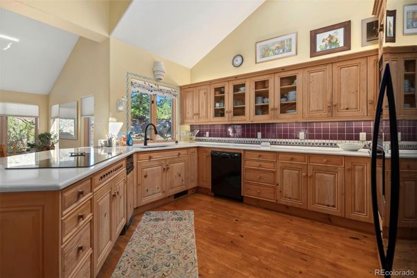 Interior, Kitchen, Tile Countertops, Wood Texture Flooring