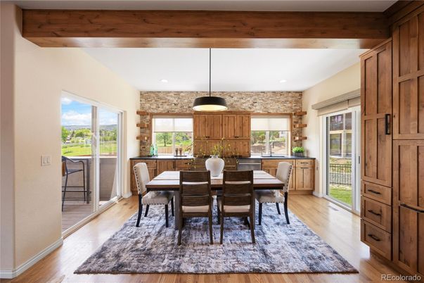 Dining room, Interior, Kitchen, Pendant Lights, Recessed Lighting, Wooden Beams, Wood Texture Flooring