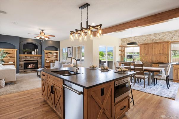 Dining room, Fireplace, Interior, Kitchen, Living room, Pendant Lights, Recessed Lighting, Wood Texture Flooring