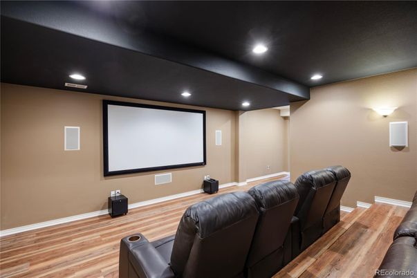 Home Theatre Room, Interior, Projection Screen, Recessed Lighting, Theatre Room, Wood Texture Flooring