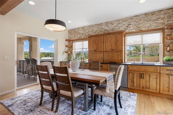 Dining room, Interior, Kitchen, Pendant Lights, Recessed Lighting, Stone Walls, Wood Texture Flooring