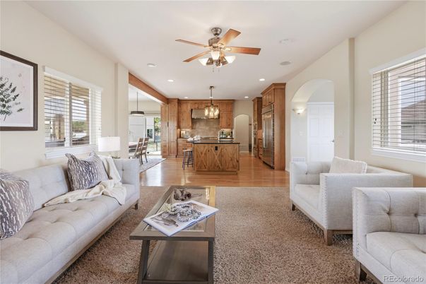Dining room, Interior, Kitchen, Living room, Pendant Lights, Recessed Lighting, Stainless Steel Appliances, Wood Texture Flooring
