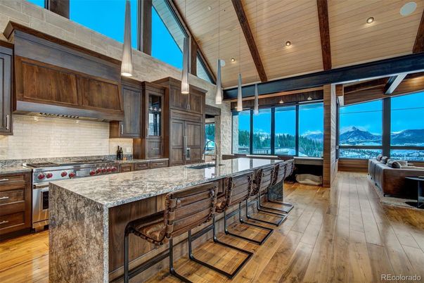 Interior, Kitchen, Pendant Lights, Recessed Lighting, Stainless Steel Appliances, Wooden Beams, Wooden Ceilings, Wood Texture Flooring
