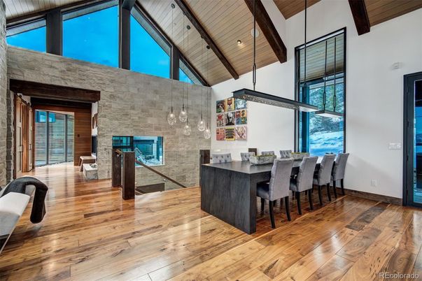Dining room, Interior, Pendant Lights, Stone Walls, Wooden Beams, Wooden Ceilings, Wood Texture Flooring