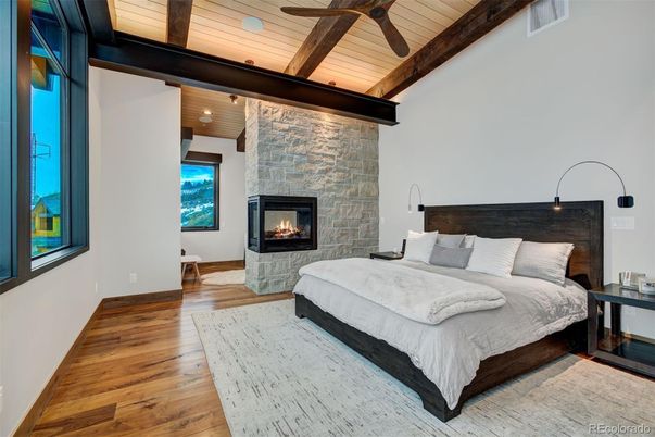 Bedroom, Fireplace, Interior, Stone Walls, Wooden Beams, Wooden Ceilings, Wood Texture Flooring