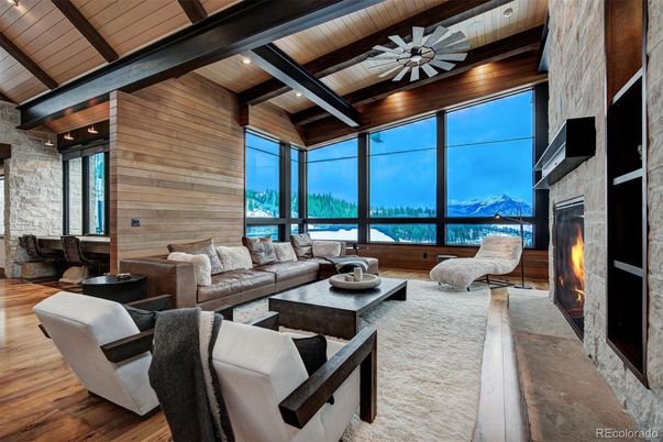 Fireplace, Interior, Living room, Recessed Lighting, Stone Walls, Wooden Beams, Wooden Ceilings, Wood Texture Flooring, Wooden Walls