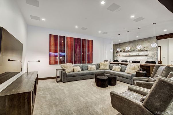 Interior, Living room, Pendant Lights, Recessed Lighting, Stone Walls