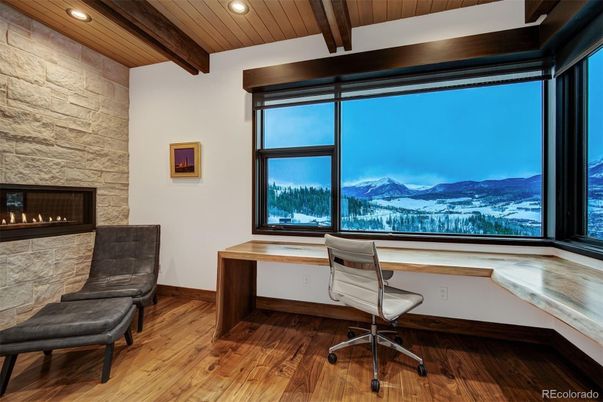 Fireplace, Home Office, Interior, Recessed Lighting, Stone Walls, Wooden Beams, Wooden Ceilings, Wood Texture Flooring