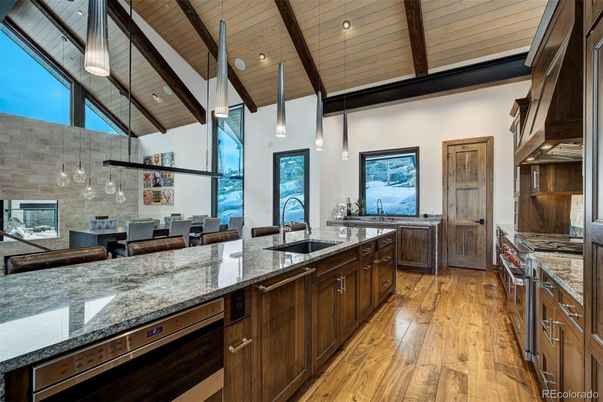 Dining room, Interior, Kitchen, Pendant Lights, Recessed Lighting, Wooden Beams, Wooden Ceilings, Wood Texture Flooring