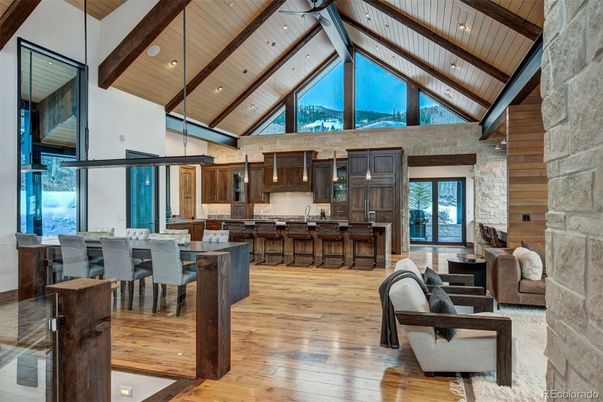 Dining room, Interior, Kitchen, Pendant Lights, Recessed Lighting, Stainless Steel Appliances, Wooden Beams, Wooden Ceilings, Wood Texture Flooring