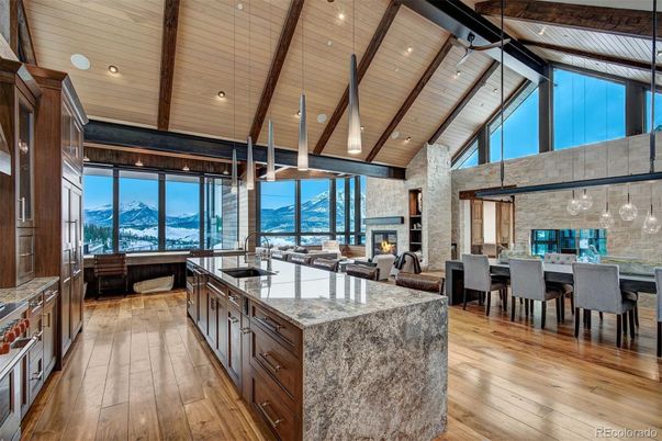 Dining room, Fireplace, Interior, Kitchen, Living room, Pendant Lights, Recessed Lighting, Stone Walls, Wooden Beams, Wooden Ceilings, Wood Texture Flooring