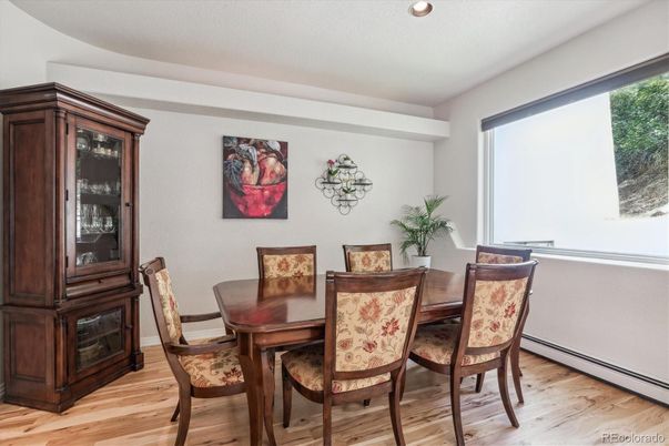 Dining room, Interior, Recessed Lighting, Wood Texture Flooring