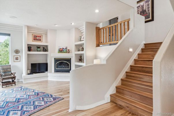 Fireplace, Interior, Recessed Lighting, Wood Texture Flooring