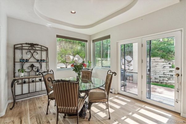 Dining room, Interior, Recessed Lighting, Wood Texture Flooring