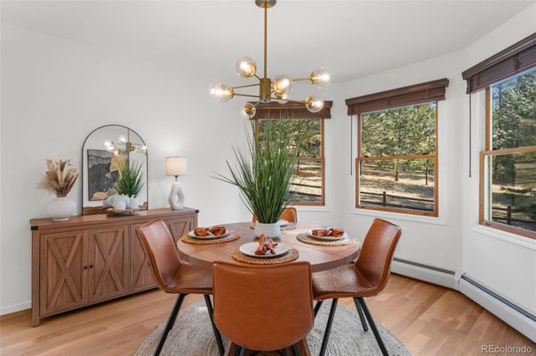 Dining room, Interior, Pendant Lights, Wood Texture Flooring