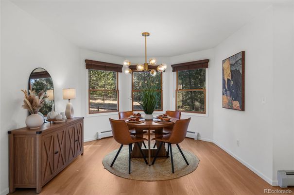 Dining room, Interior, Pendant Lights, Wood Texture Flooring