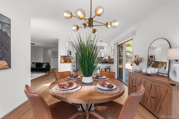 Dining room, Interior, Pendant Lights, Wood Texture Flooring