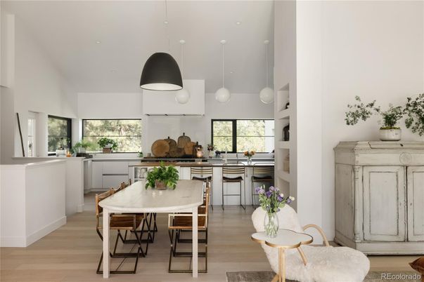 Dining room, Interior, Kitchen, Pendant Lights, Wood Texture Flooring