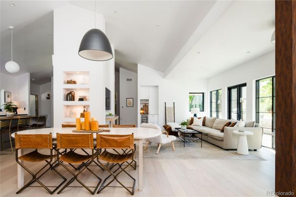 Dining room, Interior, Living room, Pendant Lights, Recessed Lighting, Wood Texture Flooring