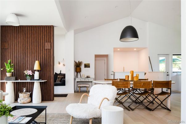 Dining room, Interior, Pendant Lights, Recessed Lighting, Wood Texture Flooring