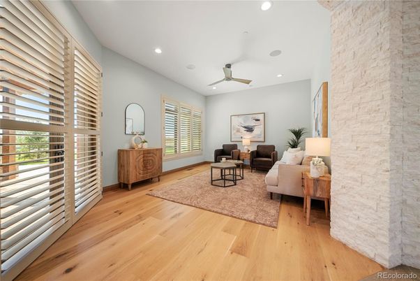 Interior, Living room, Recessed Lighting, Stone Walls, Wood Texture Flooring