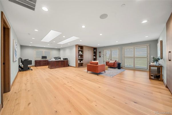 Home Office, Interior, Living room, Recessed Lighting, Wood Texture Flooring
