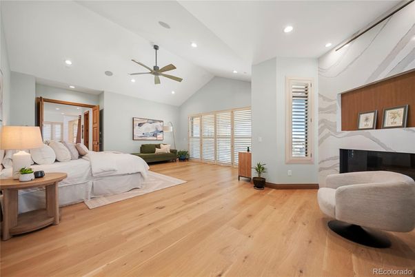 Bedroom, Fireplace, Interior, Recessed Lighting, Wood Texture Flooring