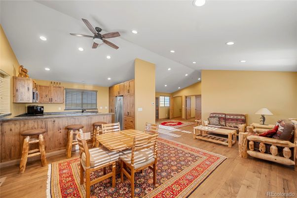 Dining room, Interior, Kitchen, Recessed Lighting, Wood Texture Flooring