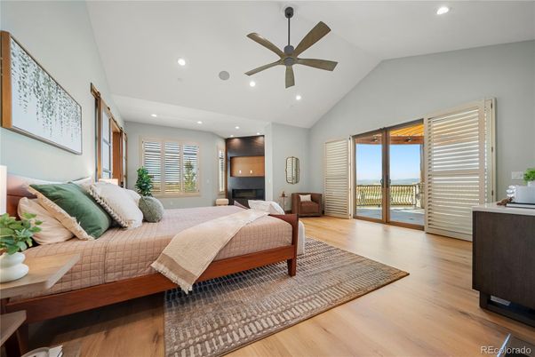 Bedroom, Fireplace, Interior, Recessed Lighting, Wood Texture Flooring