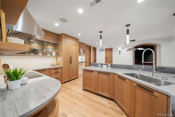 Interior, Kitchen, Pendant Lights, Recessed Lighting, Stainless Steel Appliances, Wood Texture Flooring