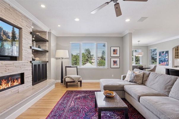 Dining room, Fireplace, Interior, Living room, Pendant Lights, Recessed Lighting, Stone Walls, Wood Texture Flooring