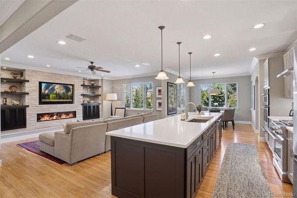 Dining room, Fireplace, Interior, Kitchen, Living room, Pendant Lights, Recessed Lighting, Stone Walls, Wood Texture Flooring