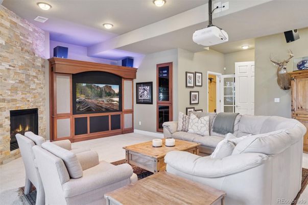 Fireplace, Interior, Living room, Recessed Lighting, Stone Walls